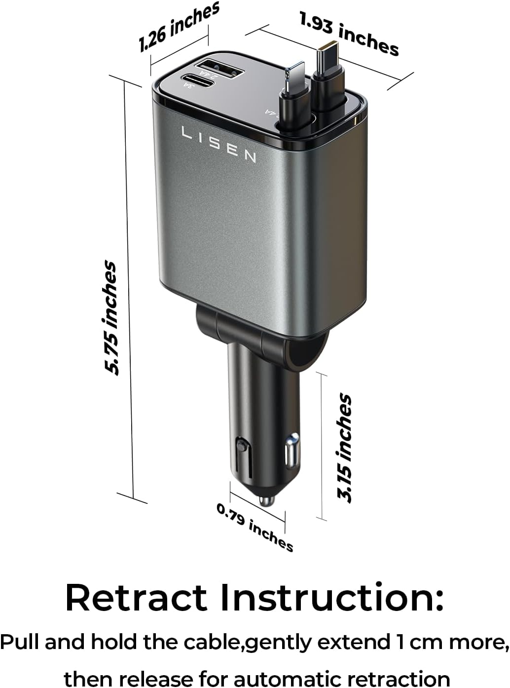 84W Fast Charging Retractable Car Charger – USB-C & iPhone Compatible