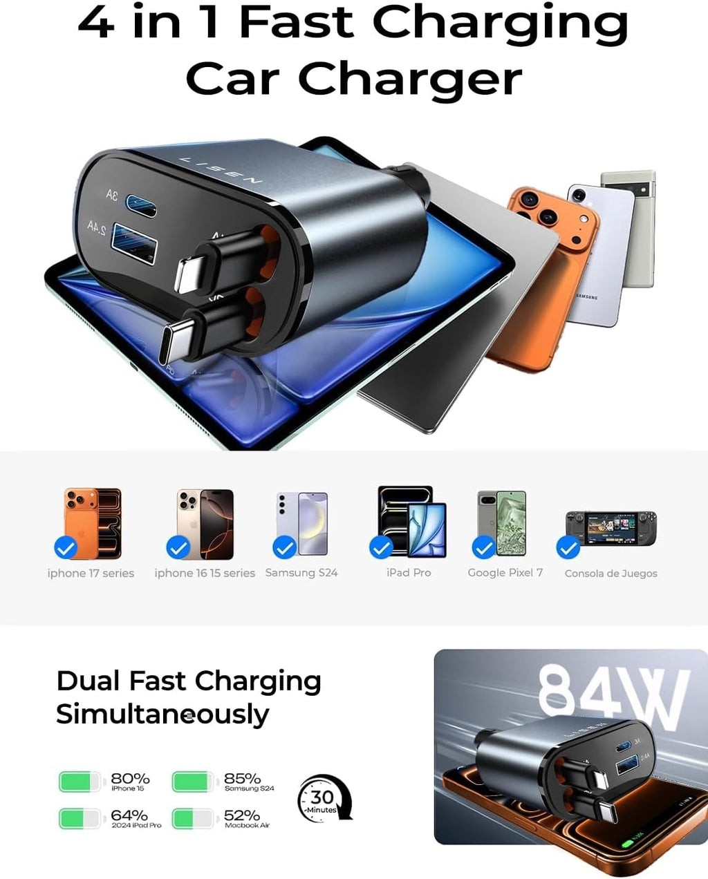 84W Fast Charging Retractable Car Charger – USB-C & iPhone Compatible