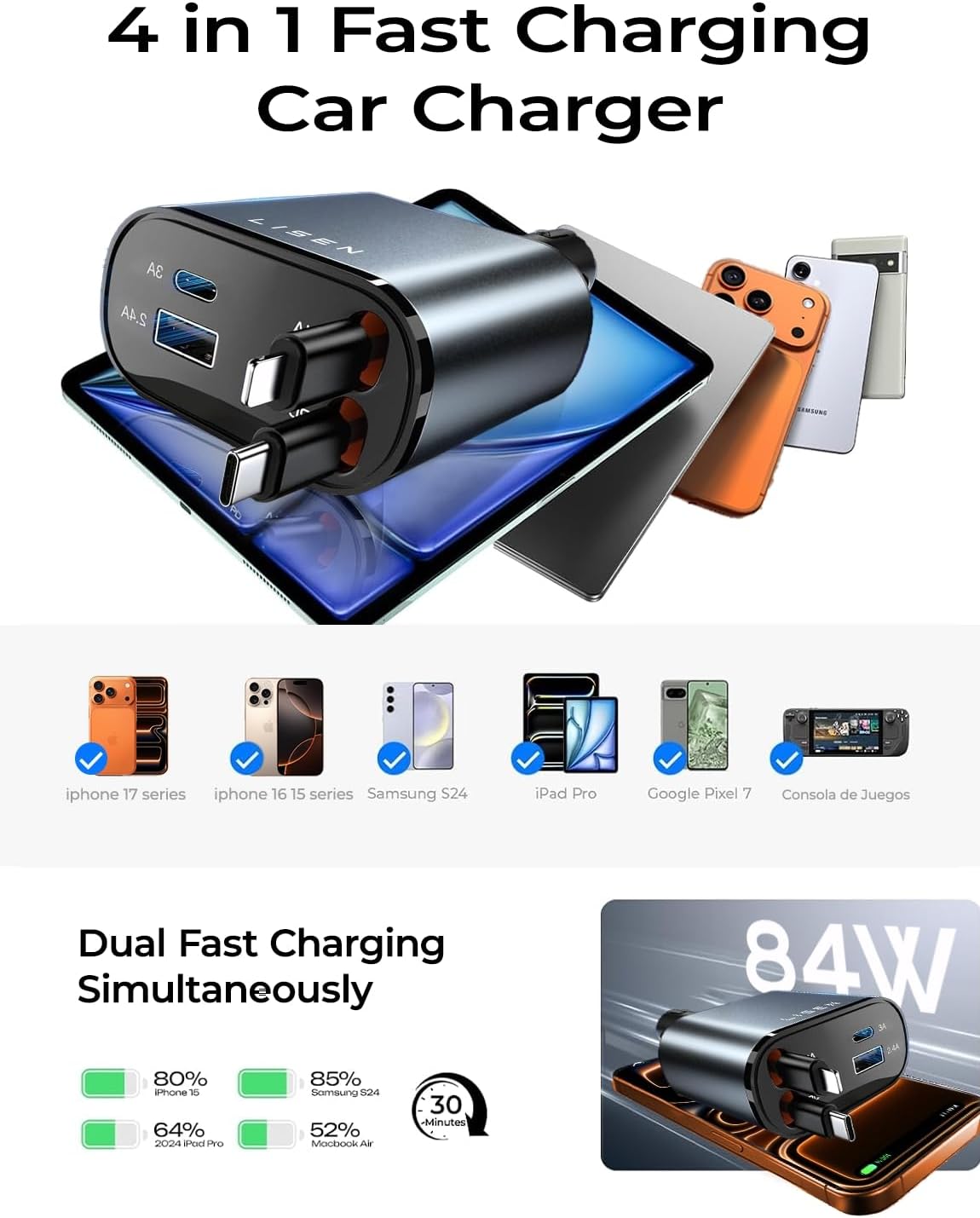 84W Fast Charging Retractable Car Charger – USB-C & iPhone Compatible