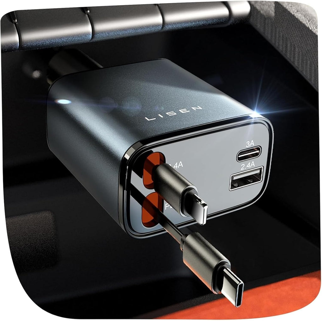 84W Fast Charging Retractable Car Charger – USB-C & iPhone Compatible