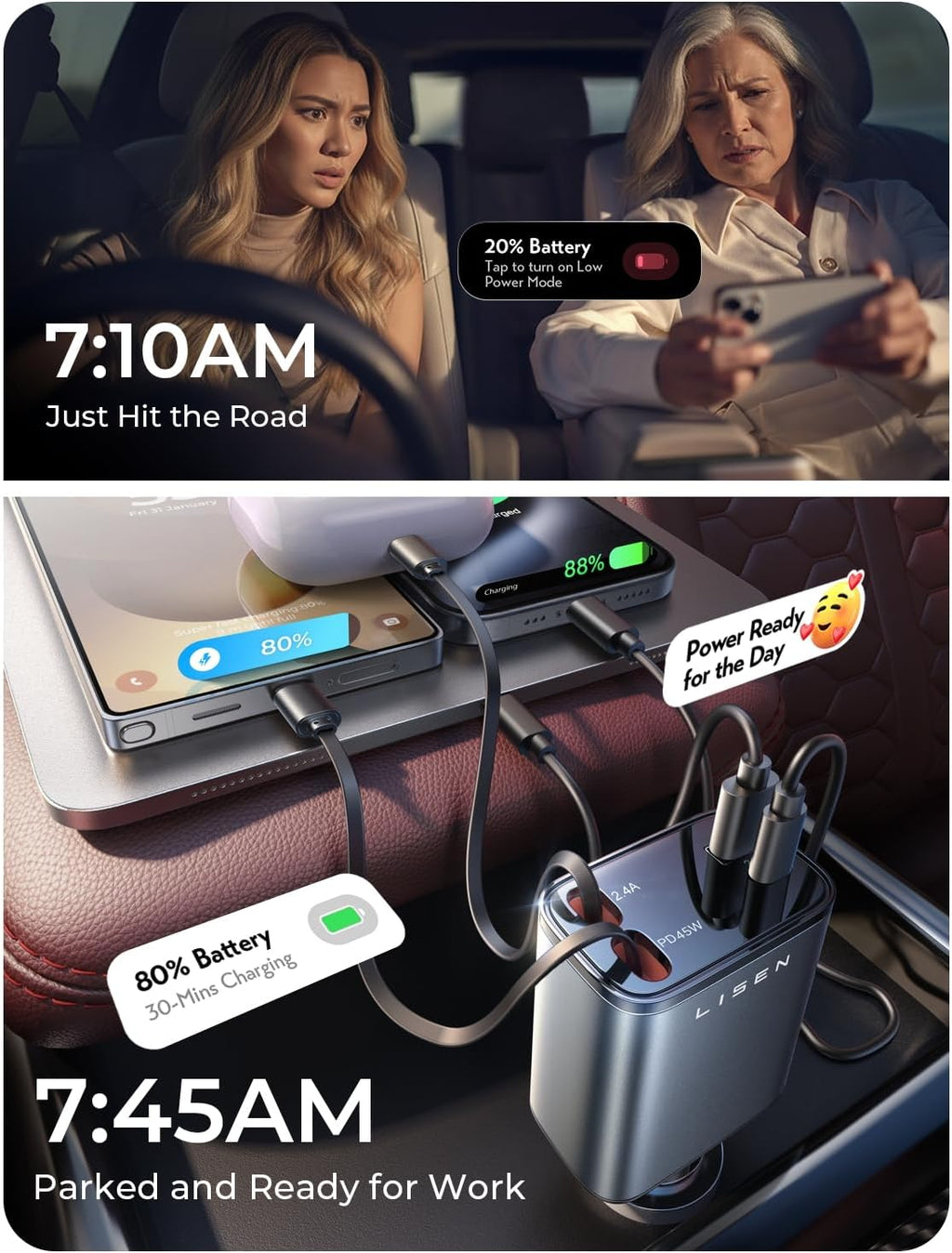 84W Fast Charging Retractable Car Charger – USB-C & iPhone Compatible